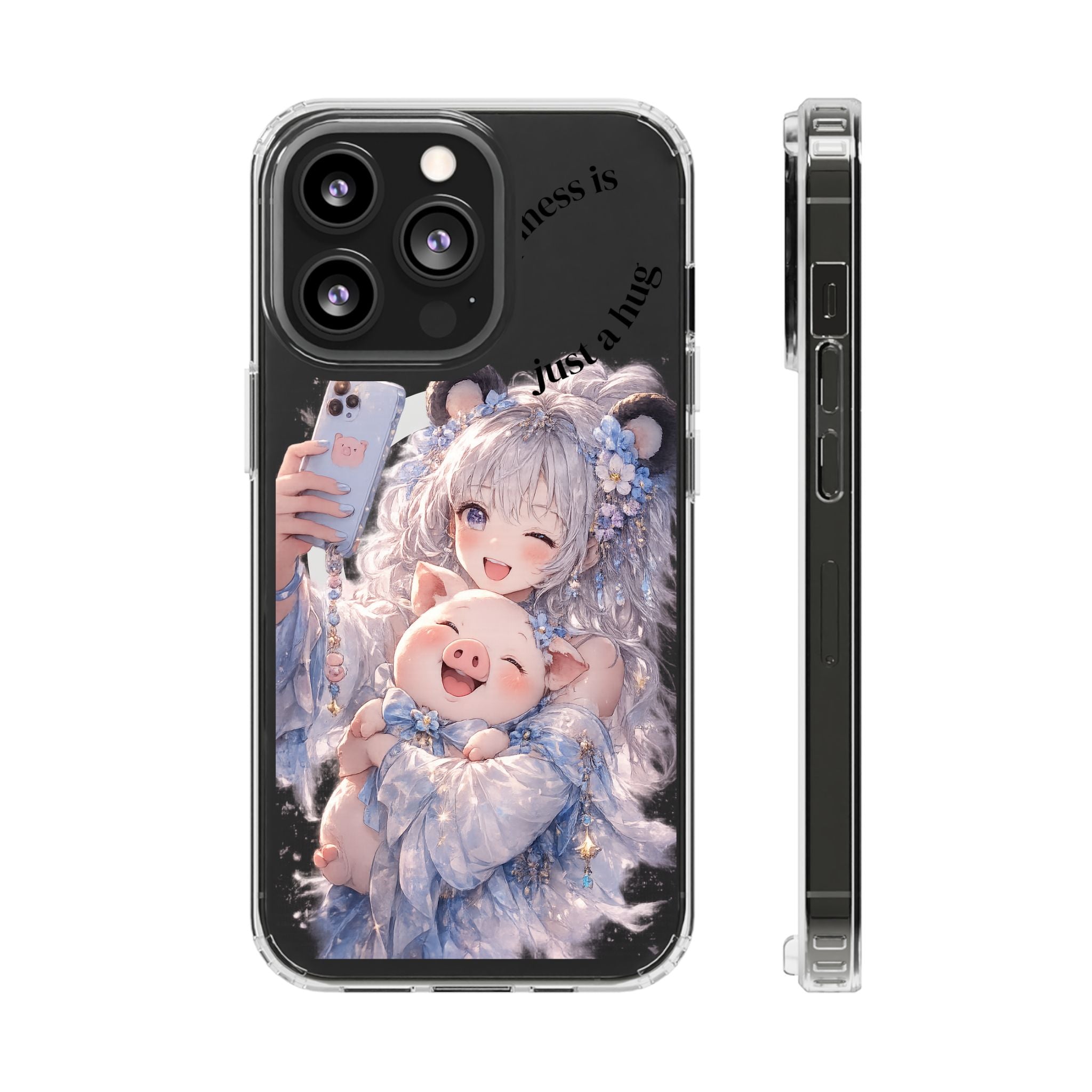Clear Magnetic Phone Case — Cute Anime Girl with Pig Plush ("Happiness is")