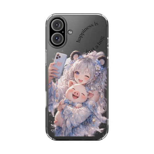 Clear Magnetic Phone Case — Cute Anime Girl with Pig Plush ("Happiness is")