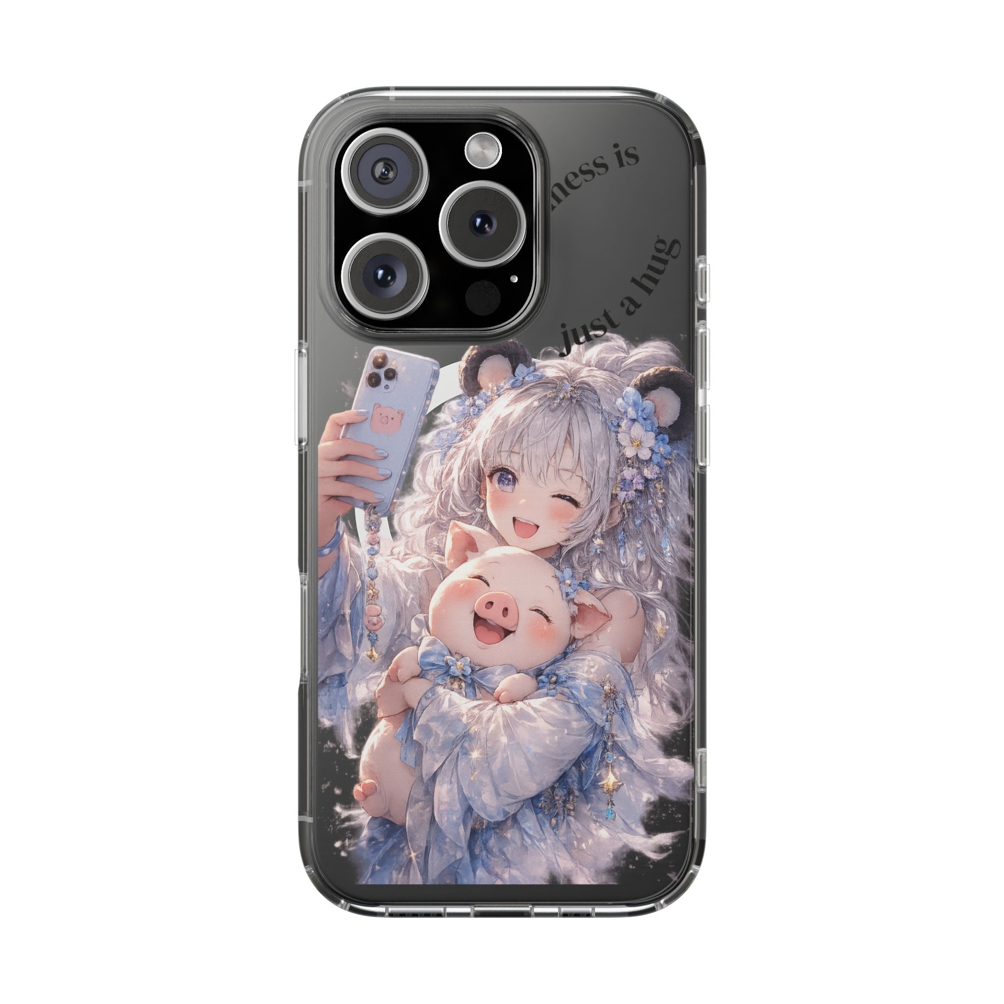 Clear Magnetic Phone Case — Cute Anime Girl with Pig Plush ("Happiness is")