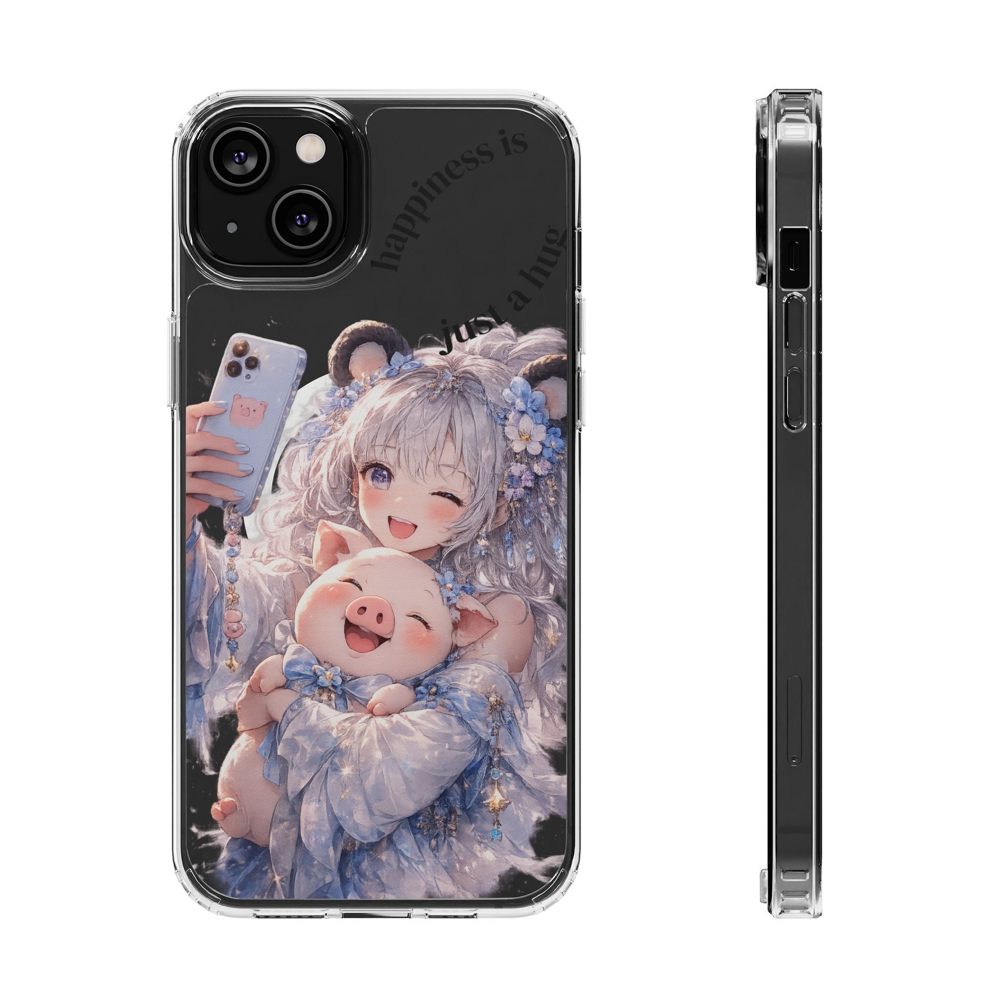 Clear Magnetic Phone Case — Cute Anime Girl with Pig Plush ("Happiness is")