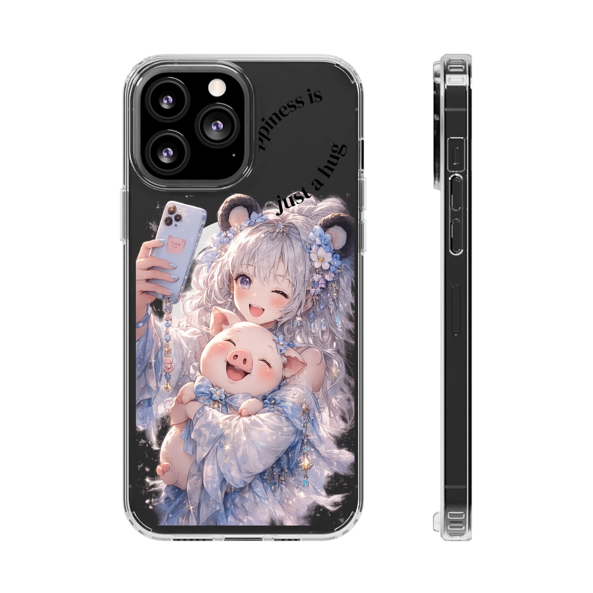 Clear Magnetic Phone Case — Cute Anime Girl with Pig Plush ("Happiness is")