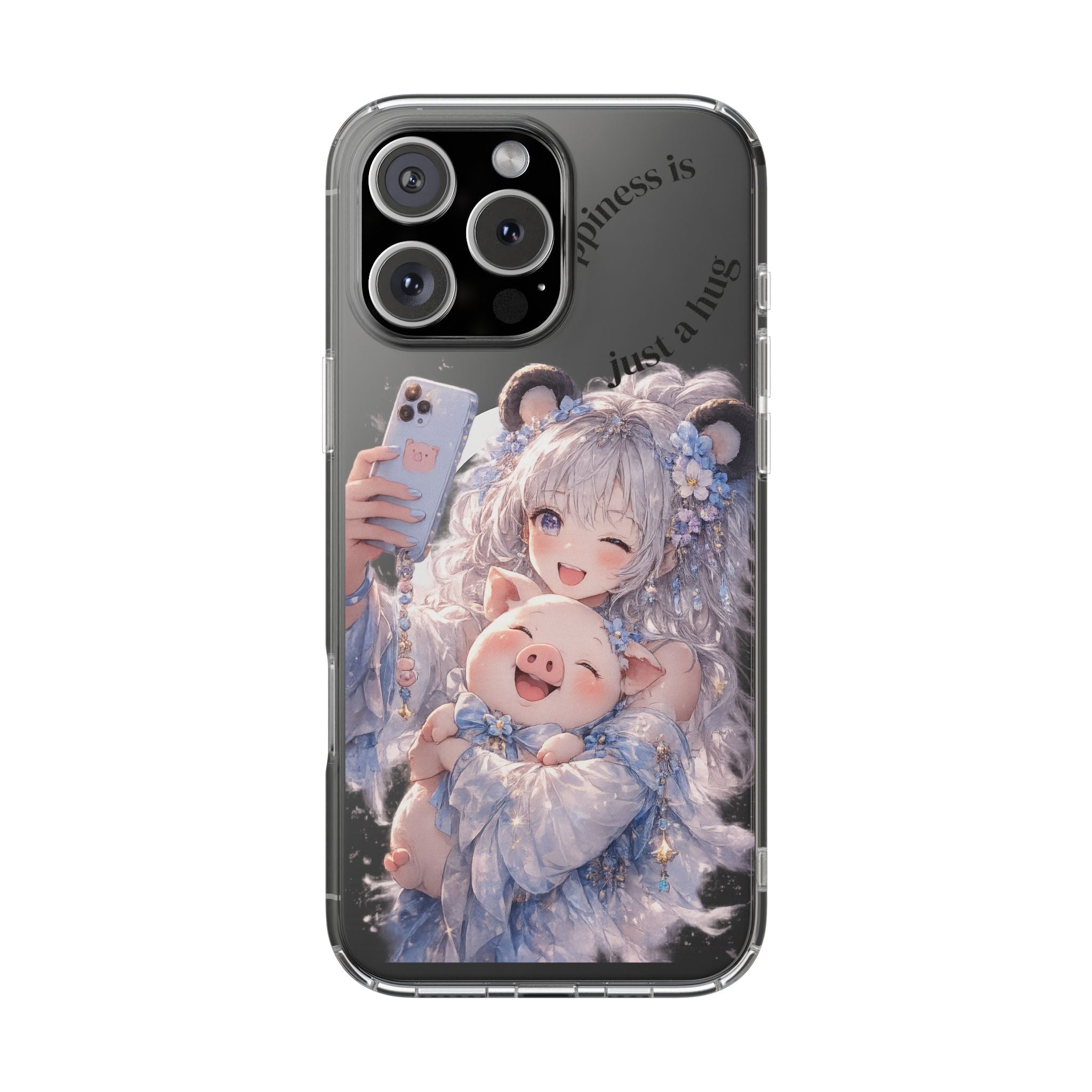 Clear Magnetic Phone Case — Cute Anime Girl with Pig Plush ("Happiness is")