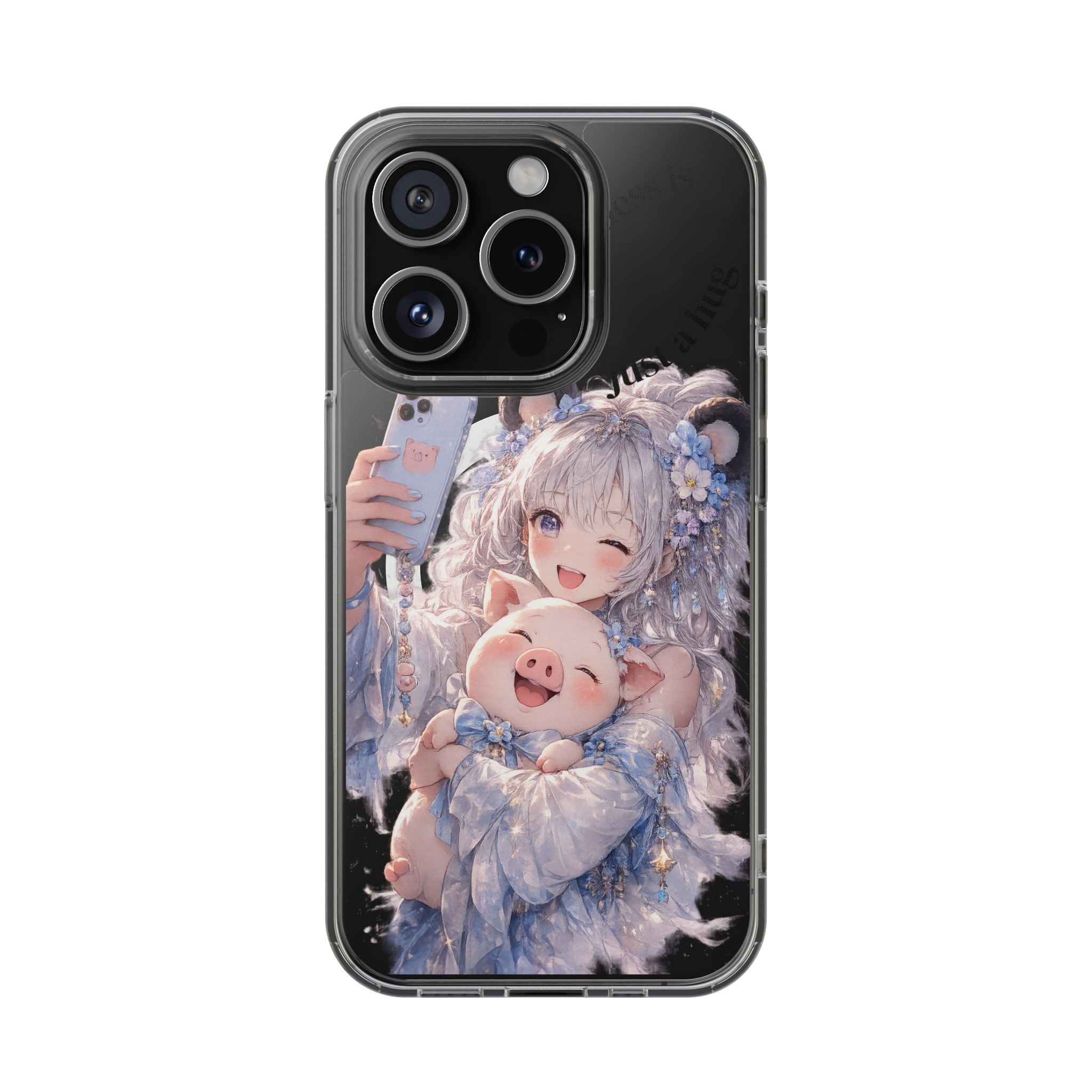 Clear Magnetic Phone Case — Cute Anime Girl with Pig Plush ("Happiness is")