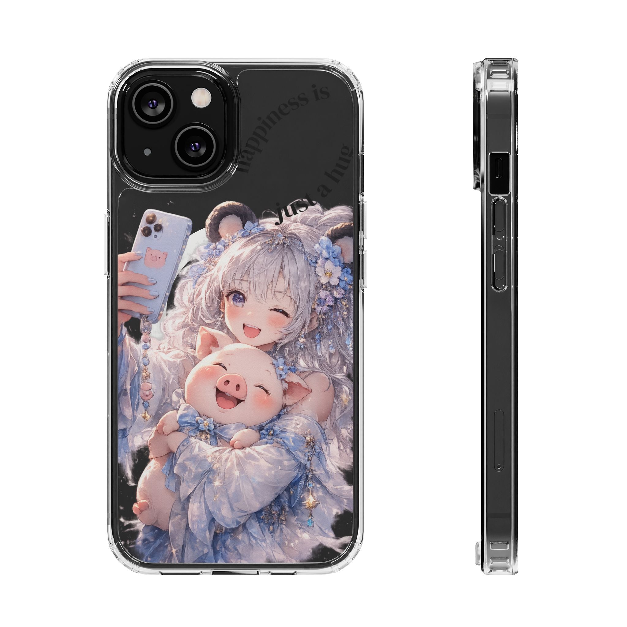 Clear Magnetic Phone Case — Cute Anime Girl with Pig Plush ("Happiness is")