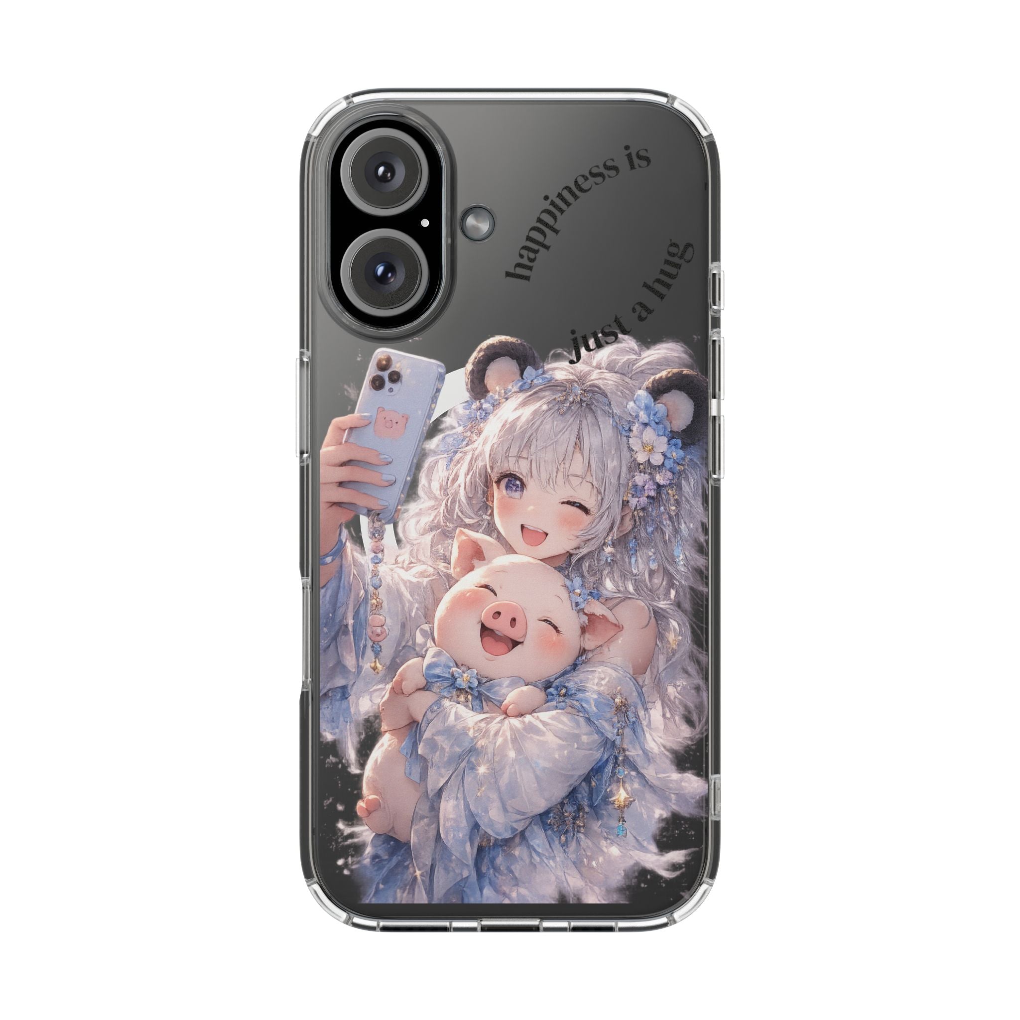 Clear Magnetic Phone Case — Cute Anime Girl with Pig Plush ("Happiness is")