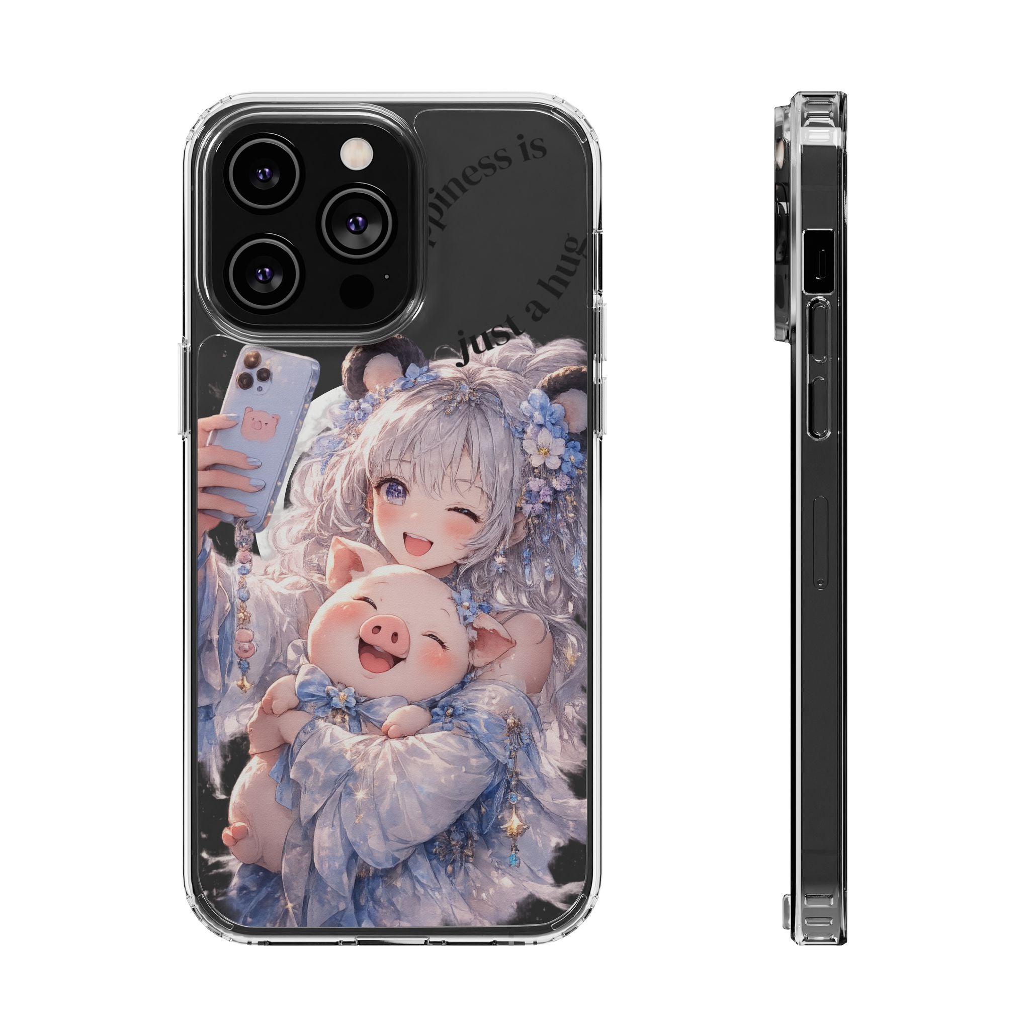 Clear Magnetic Phone Case — Cute Anime Girl with Pig Plush ("Happiness is")