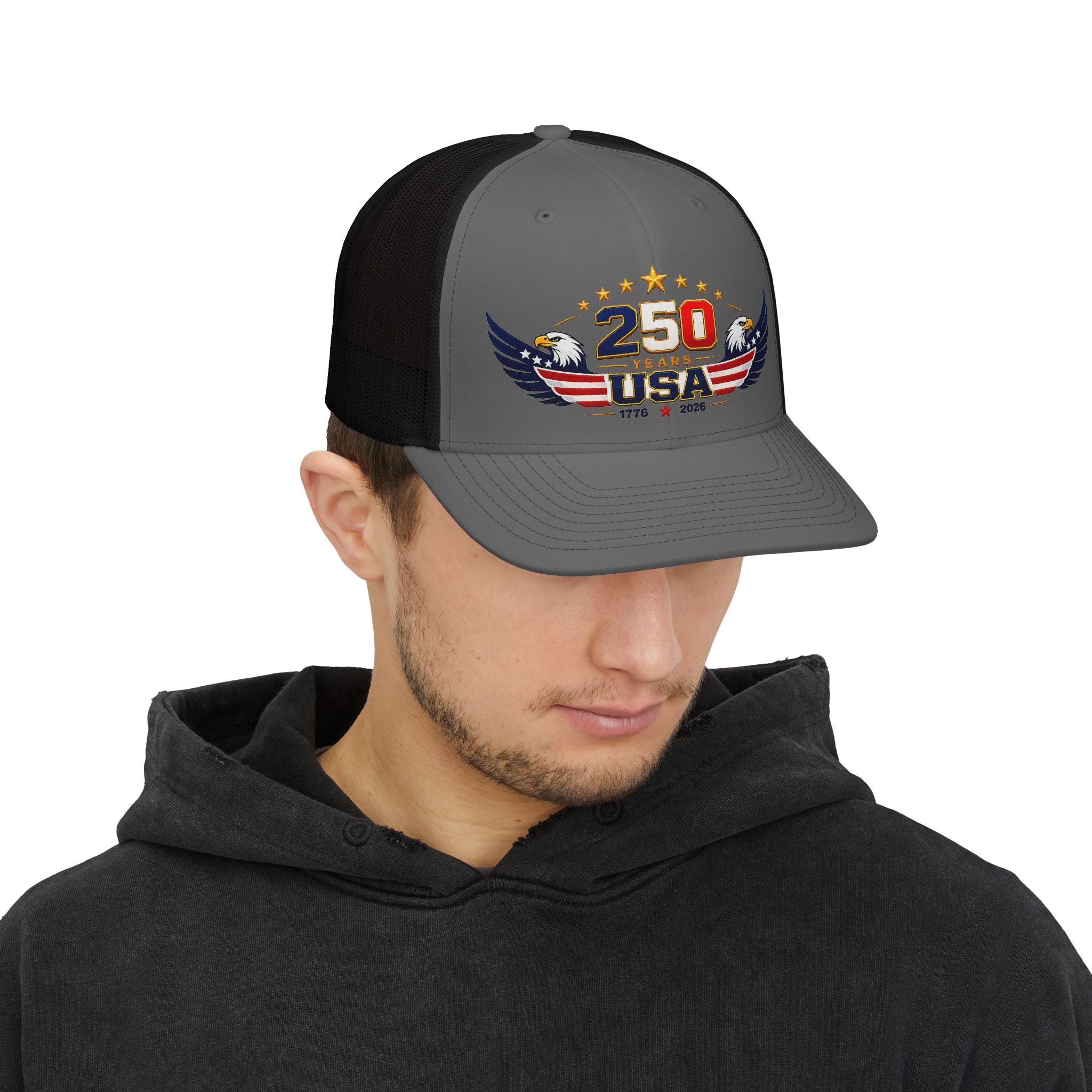 250 Years USA Snapback Trucker Cap — Patriotic 1776–2026 Anniversary Hat