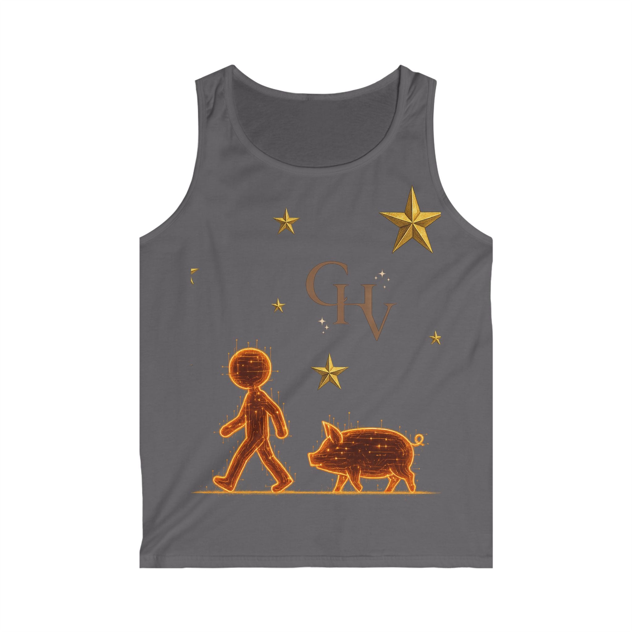 Stick Figure & Pig Graphic Tank Top — Retro Gold Stars GV Design