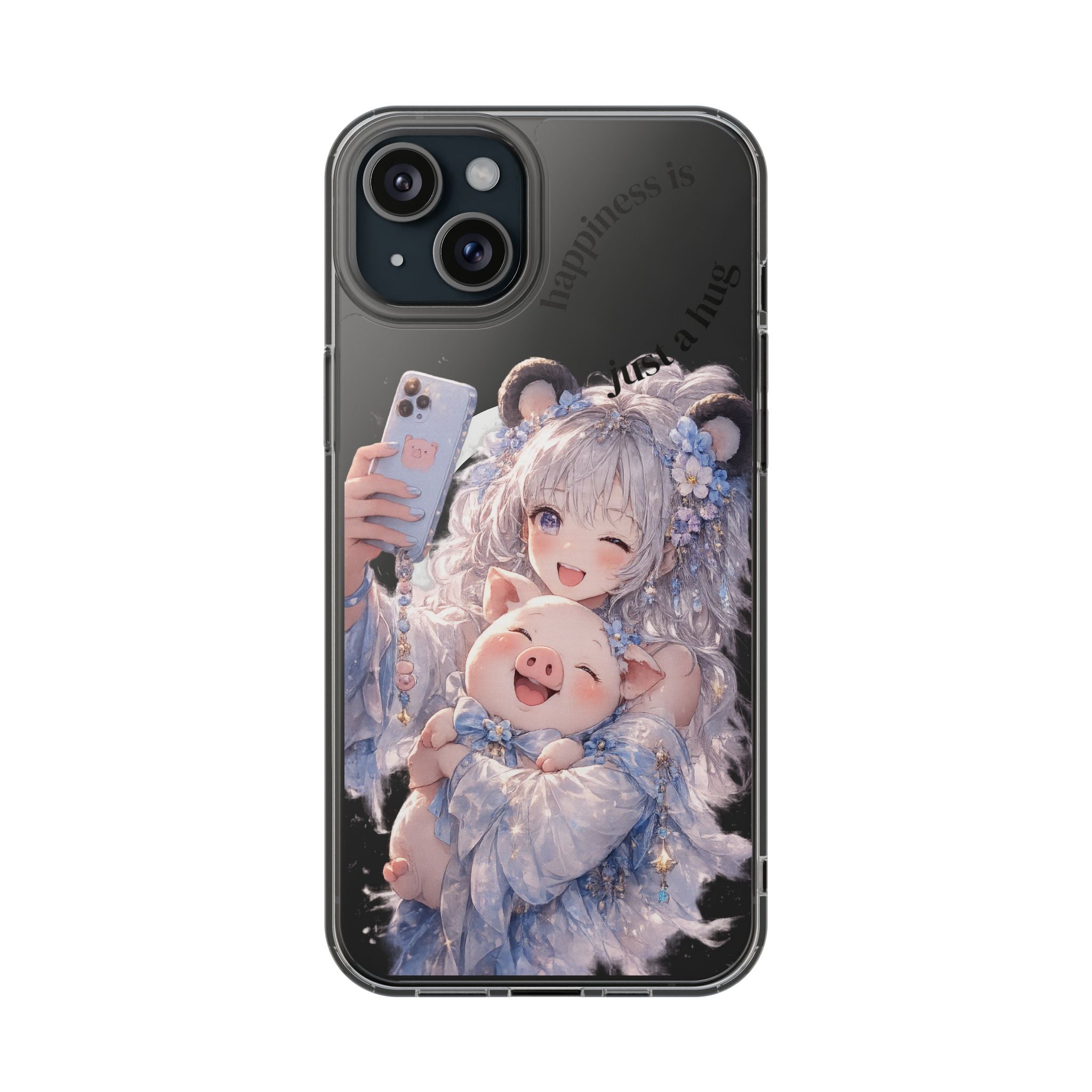 Clear Magnetic Phone Case — Cute Anime Girl with Pig Plush ("Happiness is")