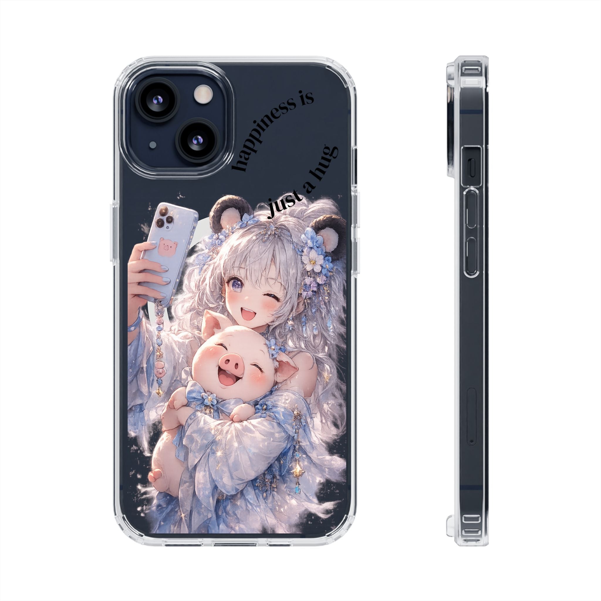 Clear Magnetic Phone Case — Cute Anime Girl with Pig Plush ("Happiness is")