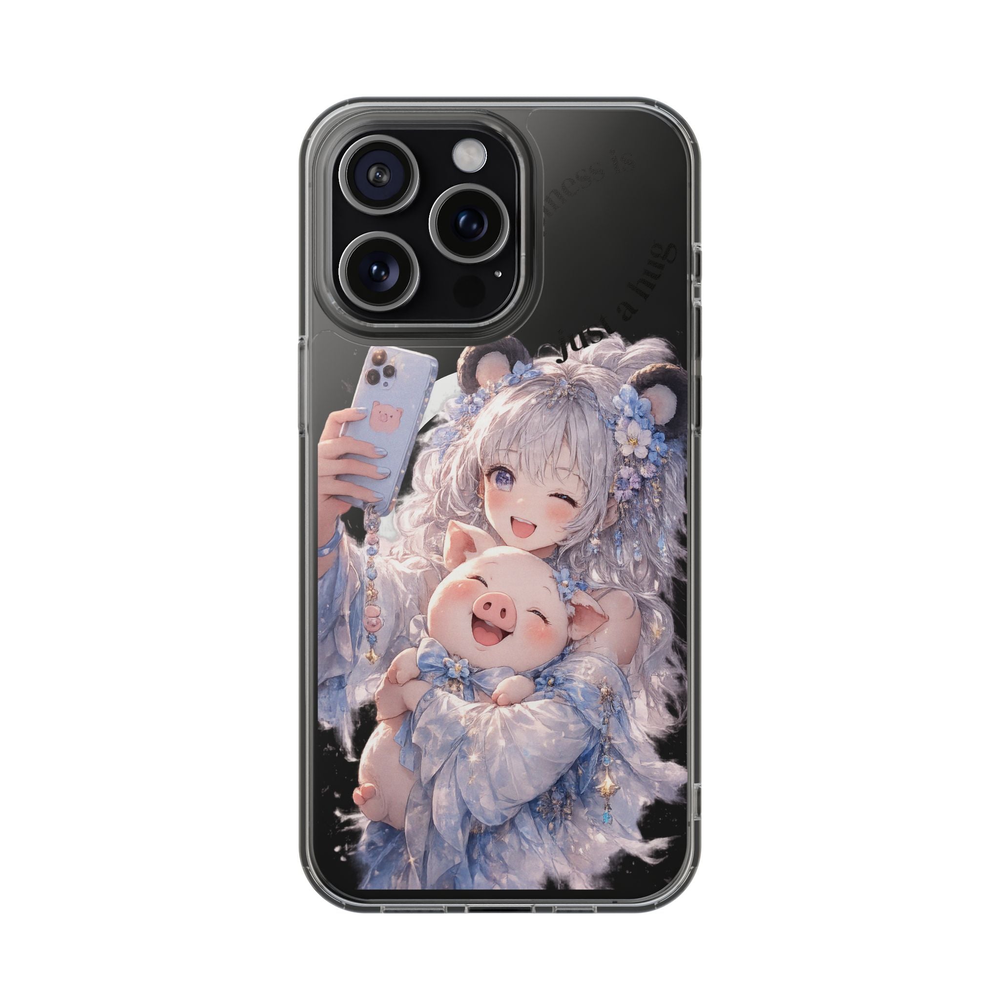 Clear Magnetic Phone Case — Cute Anime Girl with Pig Plush ("Happiness is")